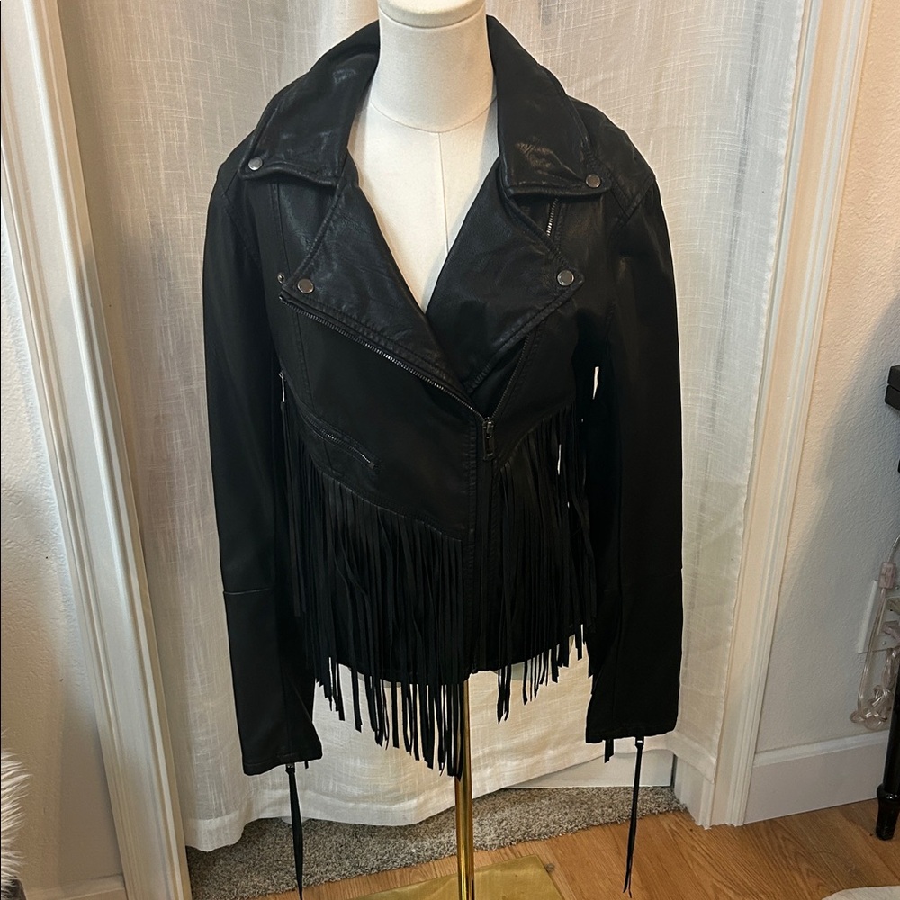 BLANKNYC Black Fringe Faux Leather Jacket.